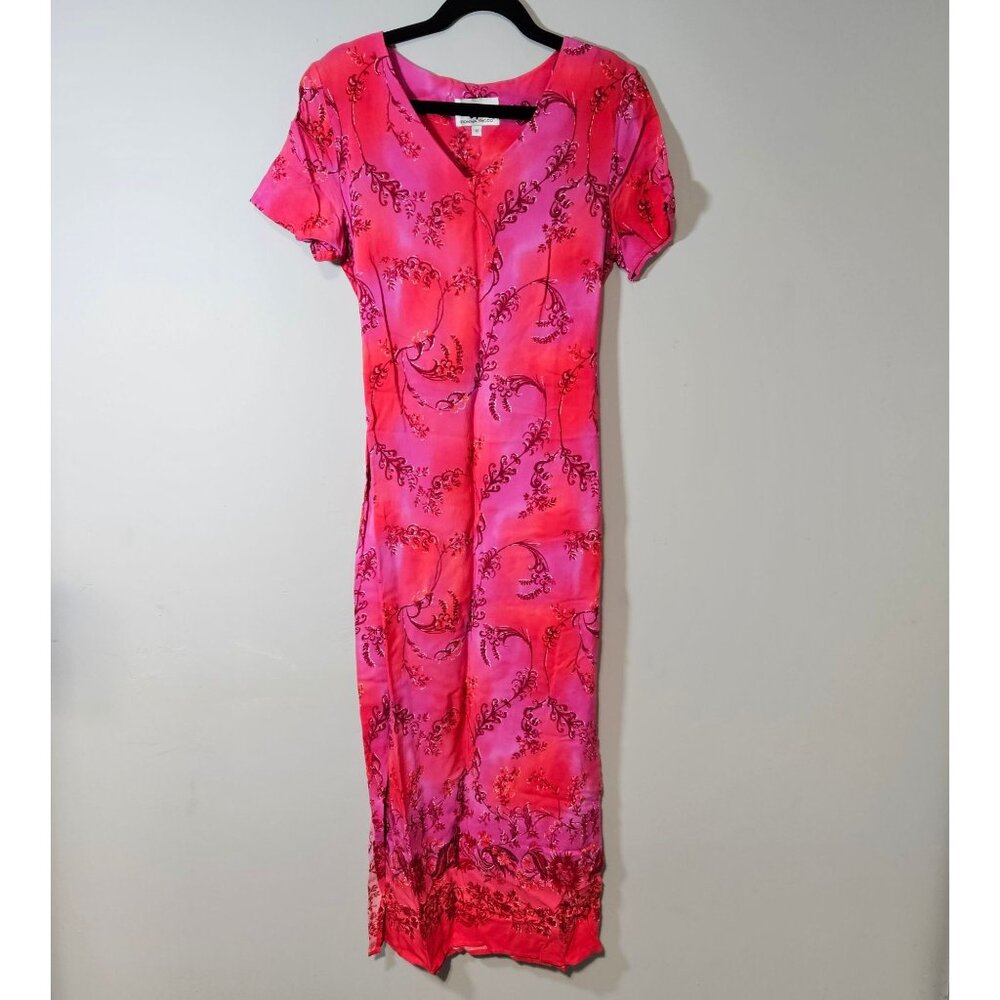 Donna Ricco Floral Maxi Dress Pink &‎ Red V-Neck Short Sleeves Tie Back Size 10